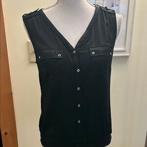 White House Black Market  Silk Black Sleeveless V-Neck Button Blouse